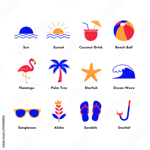 Summer and symbols in blue and red beach