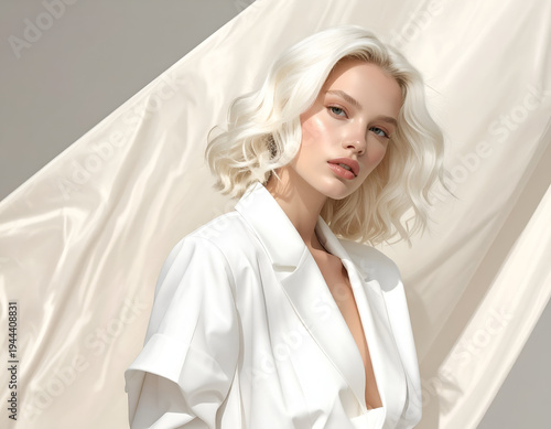 Elegant woman with blonde waves wears white jacket against flowing fabric