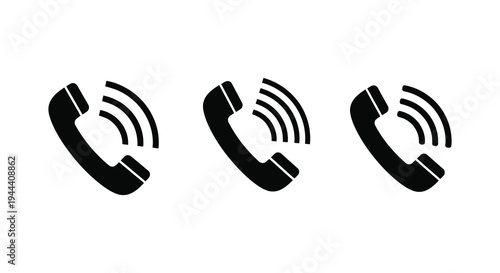 Three black telephone handset icons are displayed against a white background showcasing a minimalist silhouette high quality professional detailed modern elegant