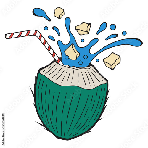 Coconut drink with ice and straw tropical