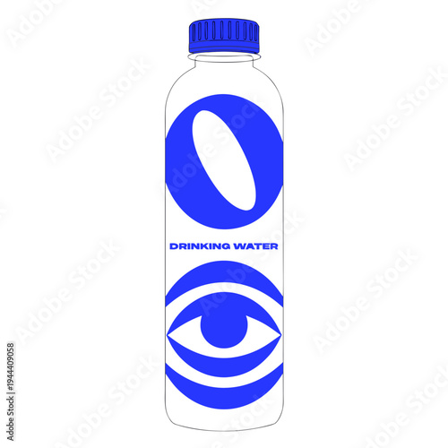 Clear plastic water bottle with blue cap and eye drinking water packaging