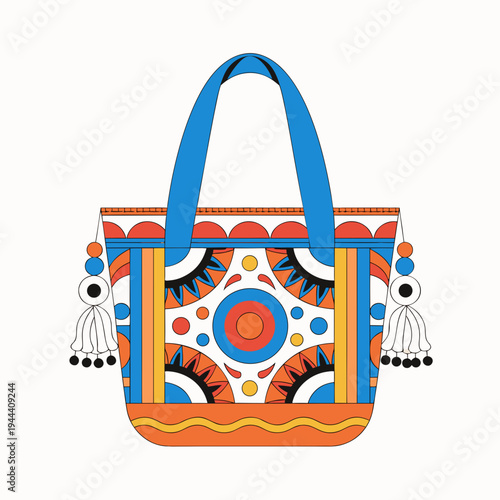 Colorful tote bag with tassels and blue handles
