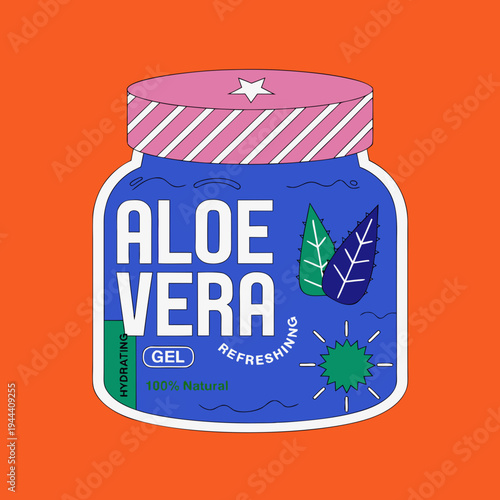 Blue aloe vera gel jar with pink lid and colorful skincare product natural refreshing