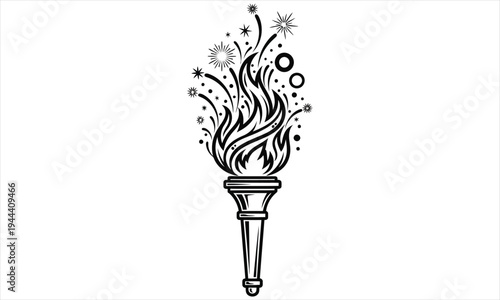 A black and white illustration of a torch with flames and sparks flying out of it on a white background