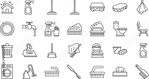 Cleaning service line icons, household hygiene tools symbols, minimal outline vector set, home sanitation equipment collection illustration pack