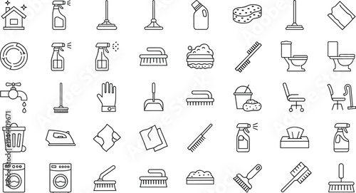 Cleaning household line icons, sanitation hygiene tools symbols, minimal outline vector set, home maintenance equipment collection illustration pack