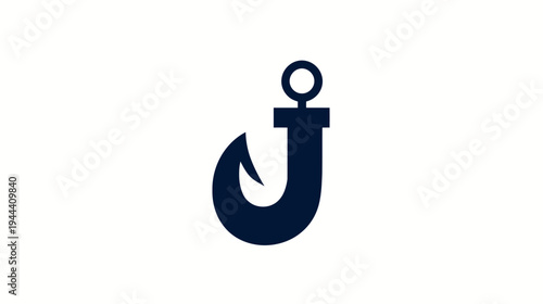 A minimalist image featuring a navy blue fishing hook icon on a white background