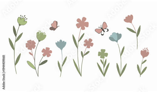 Natural Flower and Insect Vector Set – Butterflies and Beetles Illustration