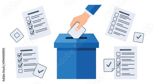 A hand depositing a ballot into a blue voting box representing civic duty and democratic participation silhouette high quality professional detailed