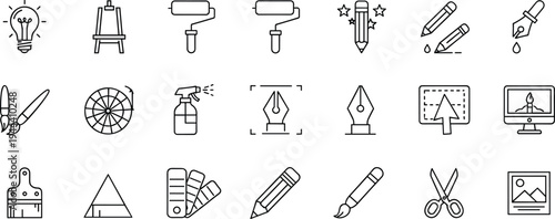 Creative design line icons, art tools symbols, graphic illustration elements, minimal outline vector set, digital drawing collection pack