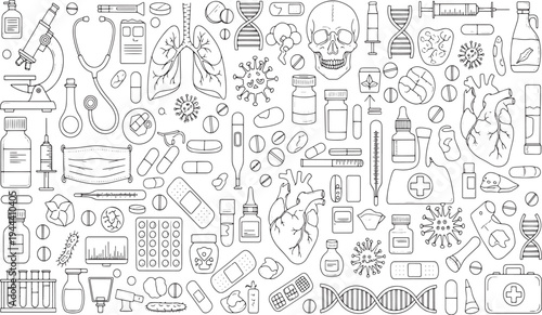 Medical healthcare and biology equipment with pills medicine organs science research tools and hospital objects line hand drawn vector illustration doodle art