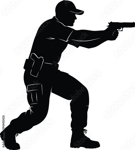 tactical, shooter, silhouette, security, officer, aiming, handgun, defense, police, training, combat, protection, law, enforcement, weapon, tactical, stance, vector, illustration, isolated