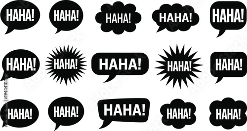 Collection of comic speech bubbles with haha text in different shapes including round, cloud and starburst chat balloons for humor, laughter and cartoon dialogue design