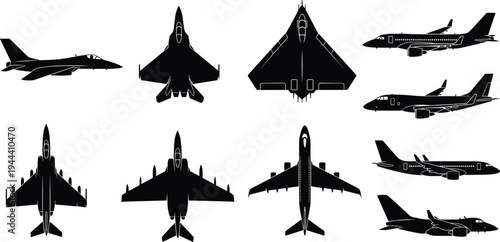 Vector collection of black airplane silhouettes featuring fighter jets commercial airliners passenger planes and military aircraft in various flight views isolated on white background