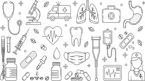 Healthcare medical equipment and hospital services collection with doctor tools pharmacy supplies and wellness objects hand drawn vector illustration doodle art