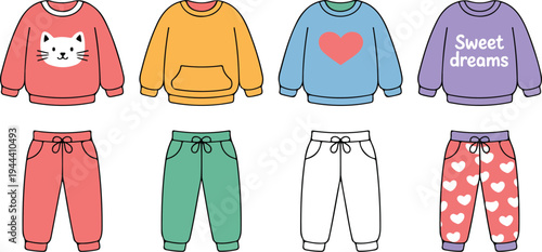 Cute kids pajama clothing illustration set with cozy sweaters and pants pastel sleepwear outfits for children bedtime fashion