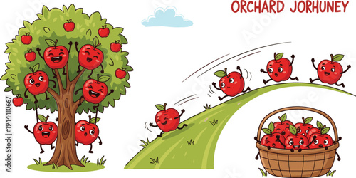 Cartoon Apple Orchard Journey with Happy Apples Rolling Down and Harvesting for Kids' Fruit and Farm Illustration