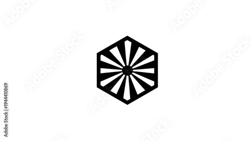 Black and white geometric shape, a hexagon with rays emanating from a central circle