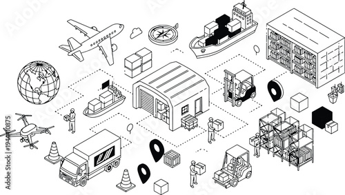 A comprehensive logistics and supply chain network, including air freight, cargo ships, delivery trucks warehouses and drones in a hand drawn vector illustration doodle art
