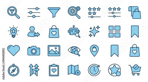 A professional collection of blue vector icons for e-commerce, user interface, and digital marketing including search, shopping, settings, and navigation tools for web design projects, icon, ui, ux.