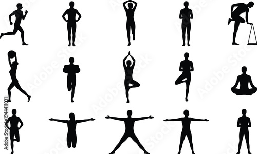 Fitness and yoga people silhouettes set showing exercise, running, stretching and meditation poses isolated vector collection for sport training, wellness and healthy lifestyle design