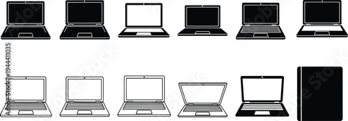 Vector collection of black and white laptop icons featuring various notebook computer models open screens keyboards and closed laptop silhouettes isolated on white background