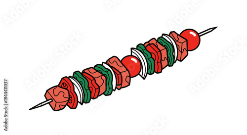 Raw Beef and Vegetable Skewer with Tomatoes and Onions on White Background