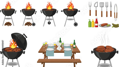 Barbecue Grill Set with Cooking Tools, Meat, Condiments, and Table Setup for Outdoor BBQ Party and Cooking Illustrations