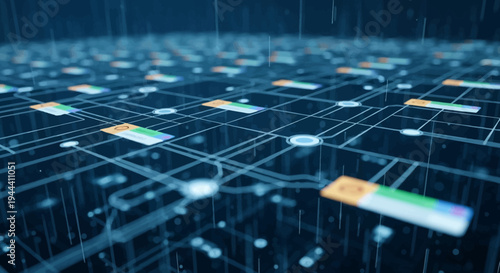 Futuristic digital circuit board with colorful glowing connections