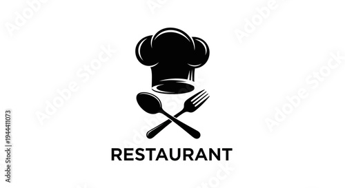 Restaurant Logo: Chef Hat, Spoon, Fork, and "RESTAURANT" Text - Culinary Icon