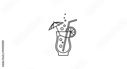 Refreshing Summer Cocktail with Umbrella and Lemon Slice - Line Art Icon