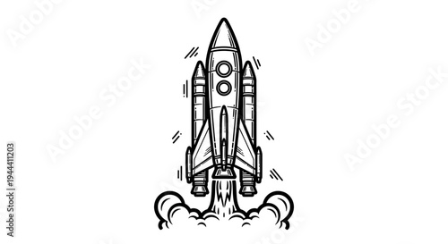 Rocket Launching into Space, Smoke and Flames, Retro Style Illustration