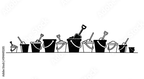 Row of Sand Buckets and Shovels on White Background, Summer Beach Toys