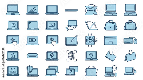 A vast collection of blue flat line icons representing laptop computers, hardware specifications, battery life, security, connectivity, and mobile computing accessories for modern web design, tech, PC
