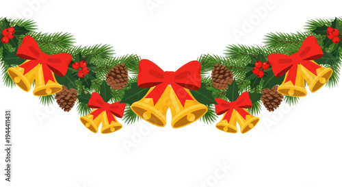 Christmas Garland with Bells, Pine Cones, and Holly
