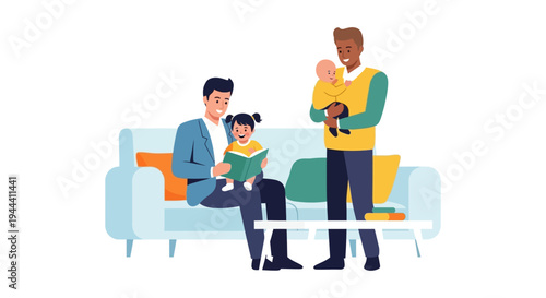 Happy Diverse Family: Two Fathers Reading to Daughter while Holding Baby, Modern Parenting Illustration