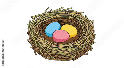 Bird Nest with Three Colorful Eggs: Spring, New Life, and Nature