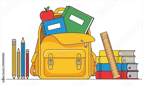 A yellow school backpack with books, apple, pencils and ruler on white background