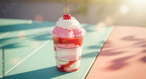 A delightful cup of layered strawberry and vanilla ice cream with whipped cream and a cherry on top