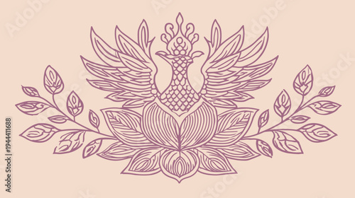 A detailed design featuring a bird with outstretched wings, atop a flower and flanked by branches