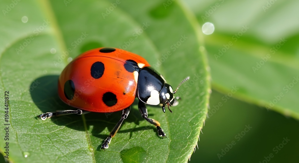 Obraz premium Bright red ladybug with black spots rests on a green leaf.