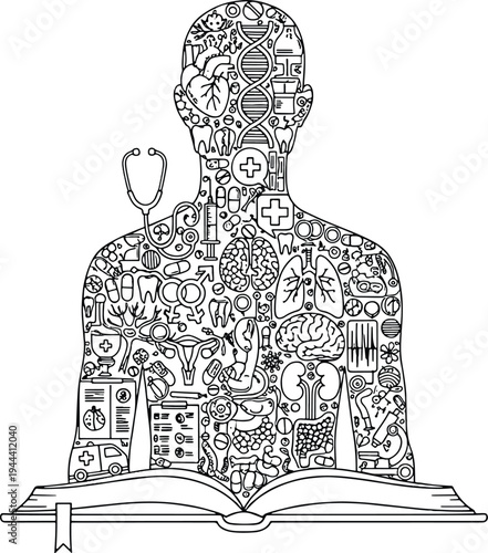 Medical science education and human anatomy biology study with healthcare symbols for medicine learning hand drawn vector illustration doodle art