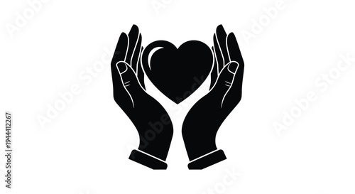 Two hands gently cradling a heart shape representing love care and protection in a stark silhouette high quality professional detailed modern