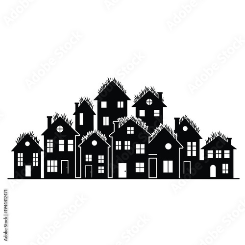 A detailed silhouette illustration of an eco-friendly town featuring diverse houses with lush green roofs, symbolizing sustainable community living and modern architectural harmony