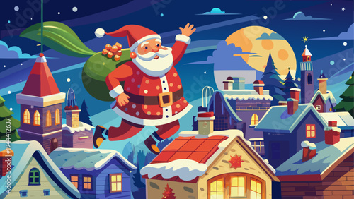 Santa claus flying over the snowy townscape