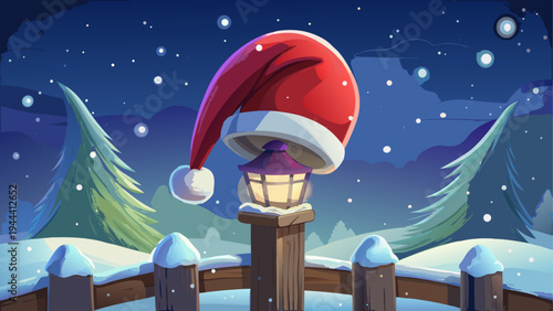 Santa hat on lamp post in winter night