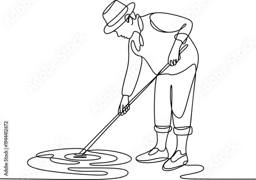 Man in Hat Mopping Water with Long Handle Mop Single Line Drawing Minimalist