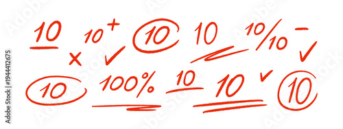 Red pen mark, vector grade 10 symbol on school exam sheet, test score result with plus sign, education paper check icon. Hand drawn pencil texture collection