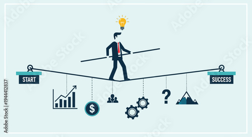 A businessman balances on a rope representing risk and reward with a glowing lightbulb above his head silhouette high quality