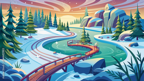 Winter landscape with bridge and frozen lake